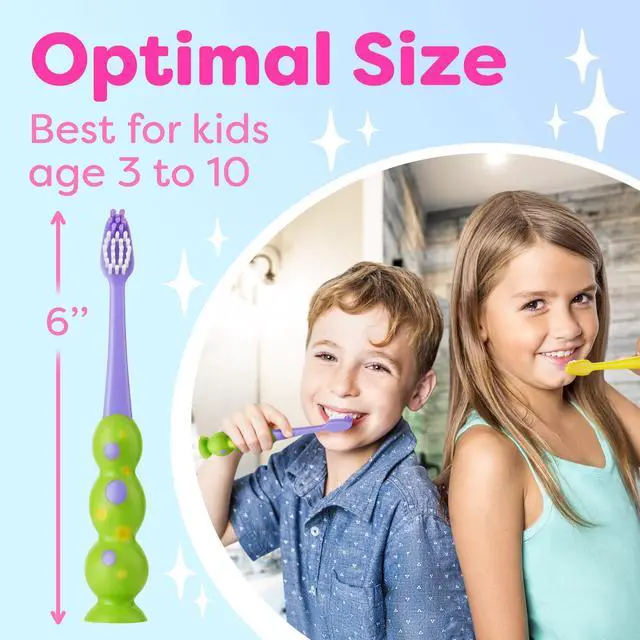 Alt view image 7 of 7 - Kids Toothbrush 4 Pack - Soft Bristles with Suction Cup - Toothbrush Kids, Child Sized Brush Heads, 3-10 Year Old Kid Toothbrush with Easy Storage - Toddler, Girl and Boy Set (4-Pack, Multi-Color)