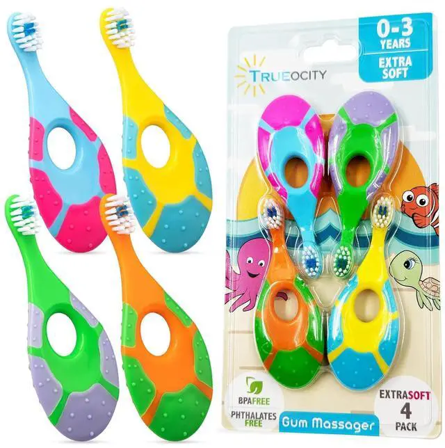 Main image of Baby Toothbrush 12 months and up - Toddler Toothbrush - Soft Bristles - Child Sized Brush Heads - infant toothbrush - Kids Tooth Brush - Easy Storage - Unisex Girl & Boy Set (4-Pack, Multi-Color)