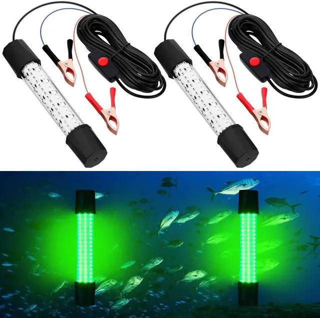 Main image of 2 Pcs Adjustable 12V 15W Underwater Submersible Fishing Light Fishing Attracting Light LED Lure Bait Finder Lamp with 16.4ft Cord for Pool Boat Sea Crappie Squid Shad Shrimp(Green Glow)