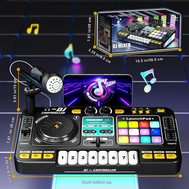 Alt view image 2 of 7 - Kids DJ Mixer Table with Microphone,Bluetooth,8 Piano Keys, LED Lights, Interactive Music Toy for Children, Musical DJ Set for Kids 3 4 5 6 7 8+ Birthday Gift(Black)