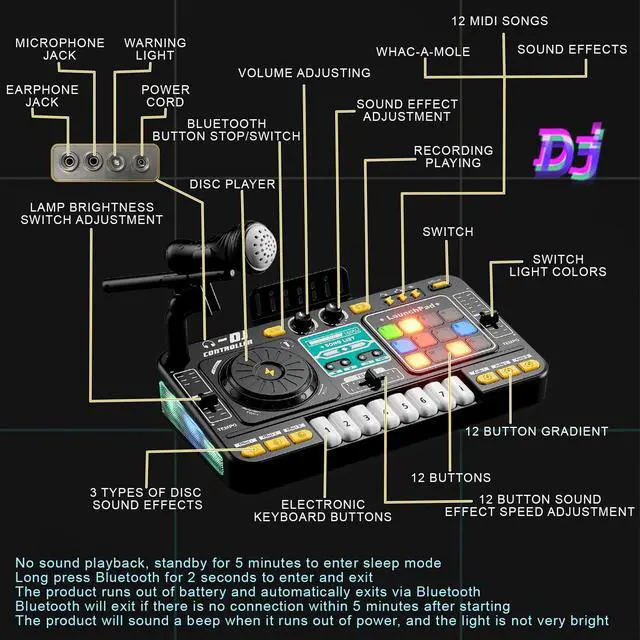 Alt view image 3 of 7 - Kids DJ Mixer Table with Microphone,Bluetooth,8 Piano Keys, LED Lights, Interactive Music Toy for Children, Musical DJ Set for Kids 3 4 5 6 7 8+ Birthday Gift(Black)