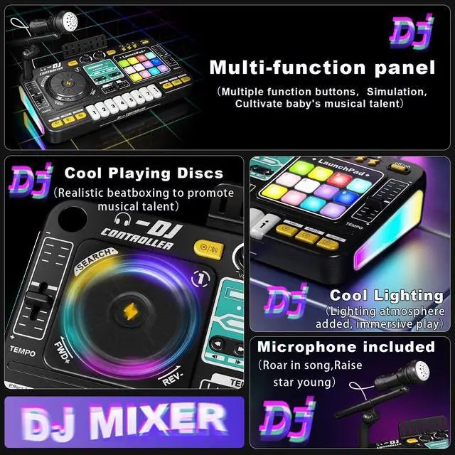 Alt view image 4 of 7 - Kids DJ Mixer Table with Microphone,Bluetooth,8 Piano Keys, LED Lights, Interactive Music Toy for Children, Musical DJ Set for Kids 3 4 5 6 7 8+ Birthday Gift(Black)