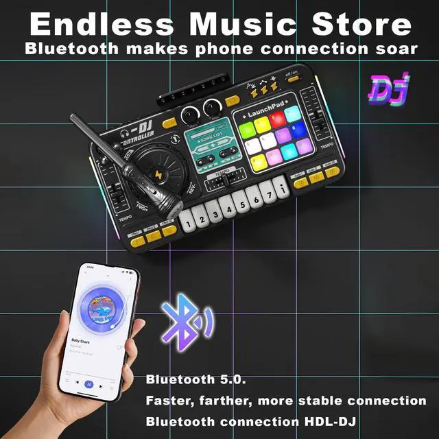 Alt view image 5 of 7 - Kids DJ Mixer Table with Microphone,Bluetooth,8 Piano Keys, LED Lights, Interactive Music Toy for Children, Musical DJ Set for Kids 3 4 5 6 7 8+ Birthday Gift(Black)