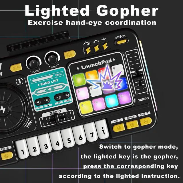 Alt view image 7 of 7 - Kids DJ Mixer Table with Microphone,Bluetooth,8 Piano Keys, LED Lights, Interactive Music Toy for Children, Musical DJ Set for Kids 3 4 5 6 7 8+ Birthday Gift(Black)