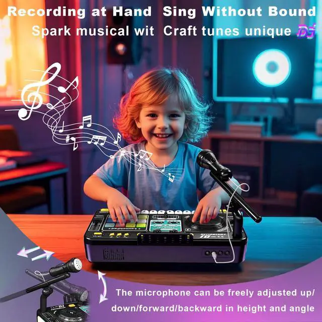 Alt view image 6 of 7 - Kids DJ Mixer Table with Microphone,Bluetooth,8 Piano Keys, LED Lights, Interactive Music Toy for Children, Musical DJ Set for Kids 3 4 5 6 7 8+ Birthday Gift(Black)