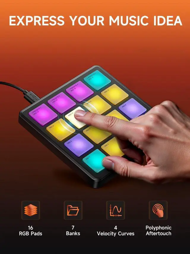Alt view image 2 of 7 - MIDI Controller Pad Beat Maker Machine, Portable Drum Machine with 16 Beat Pads,Note Repeat and Music Production Software, Mini USB MIDI Controller with 40 Courses, STARRYPAD MINI