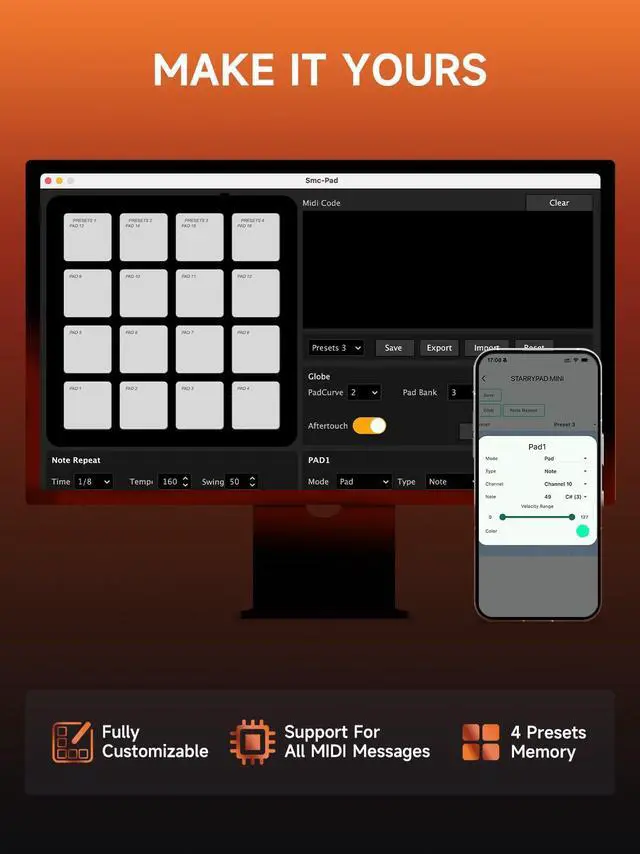 Alt view image 5 of 7 - MIDI Controller Pad Beat Maker Machine, Portable Drum Machine with 16 Beat Pads,Note Repeat and Music Production Software, Mini USB MIDI Controller with 40 Courses, STARRYPAD MINI