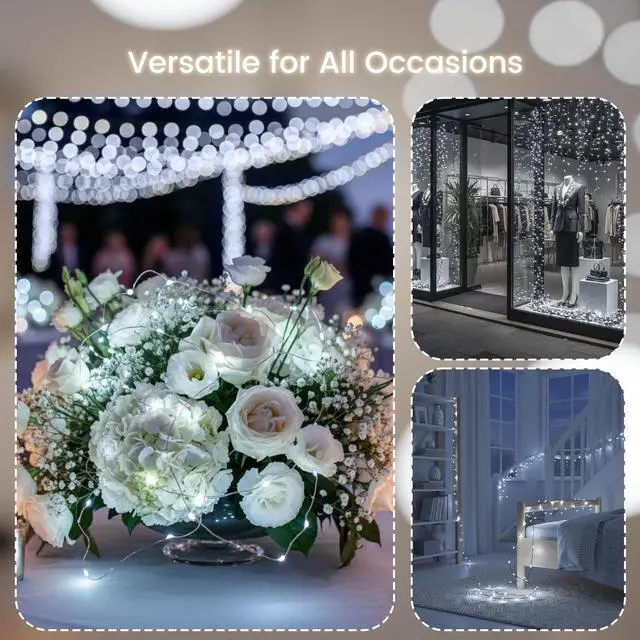 Alt view image 3 of 7 - 2 Pack Fairy Lights Battery Operate, Rechargeable Lights with Timer, Waterproof 8 Modes for Wreath DIY Bedroom Indoor Party Wedding Decor (32FT Cool White)