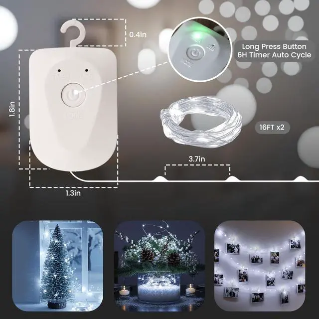Alt view image 4 of 7 - 2 Pack Fairy Lights Battery Operate, Rechargeable Lights with Timer, Waterproof 8 Modes for Wreath DIY Bedroom Indoor Party Wedding Decor (32FT Cool White)