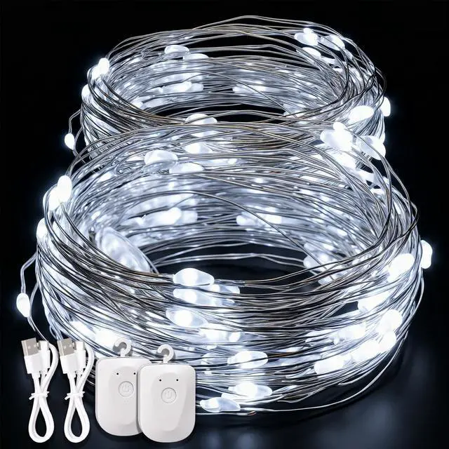 Main image of 2 Pack Fairy Lights Battery Operate, Rechargeable Lights with Timer, Waterproof 8 Modes for Wreath DIY Bedroom Indoor Party Wedding Decor (32FT Cool White)