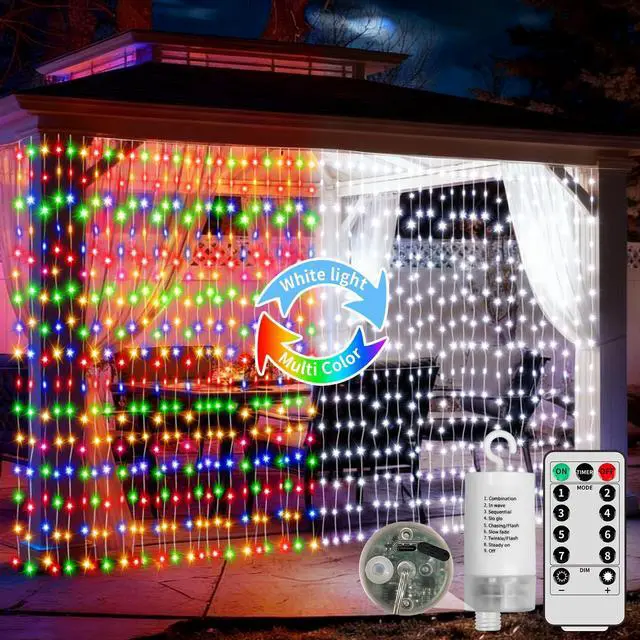 Main image of Curtain Lights Battery Powered 10x10ft 300LED Twinkle Fairy String Lights Multicolor Cool White Dual Color Changing USB-C Power Port Dimmable Waterproof Remote Timer Memory for Weddings Party Window