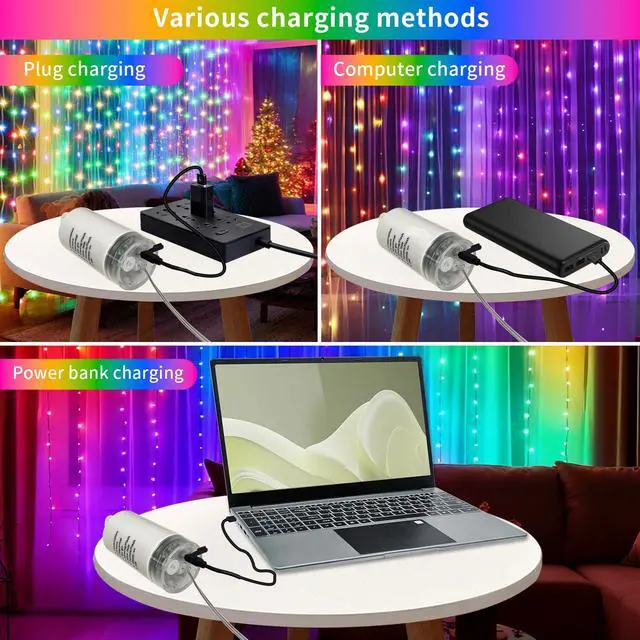 Alt view image 2 of 7 - Curtain Lights Battery Powered 10x10ft 300LED Twinkle Fairy String Lights Multicolor Cool White Dual Color Changing USB-C Power Port Dimmable Waterproof Remote Timer Memory for Weddings Party Window