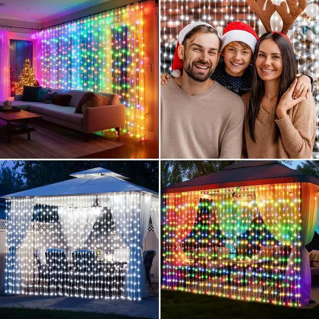Alt view image 3 of 7 - Curtain Lights Battery Powered 10x10ft 300LED Twinkle Fairy String Lights Multicolor Cool White Dual Color Changing USB-C Power Port Dimmable Waterproof Remote Timer Memory for Weddings Party Window