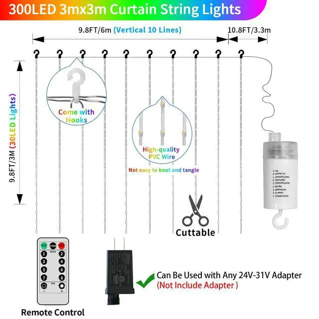 Alt view image 4 of 7 - Curtain Lights Battery Powered 10x10ft 300LED Twinkle Fairy String Lights Multicolor Cool White Dual Color Changing USB-C Power Port Dimmable Waterproof Remote Timer Memory for Weddings Party Window
