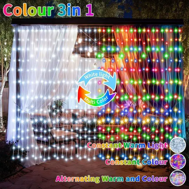 Alt view image 6 of 7 - Curtain Lights Battery Powered 10x10ft 300LED Twinkle Fairy String Lights Multicolor Cool White Dual Color Changing USB-C Power Port Dimmable Waterproof Remote Timer Memory for Weddings Party Window