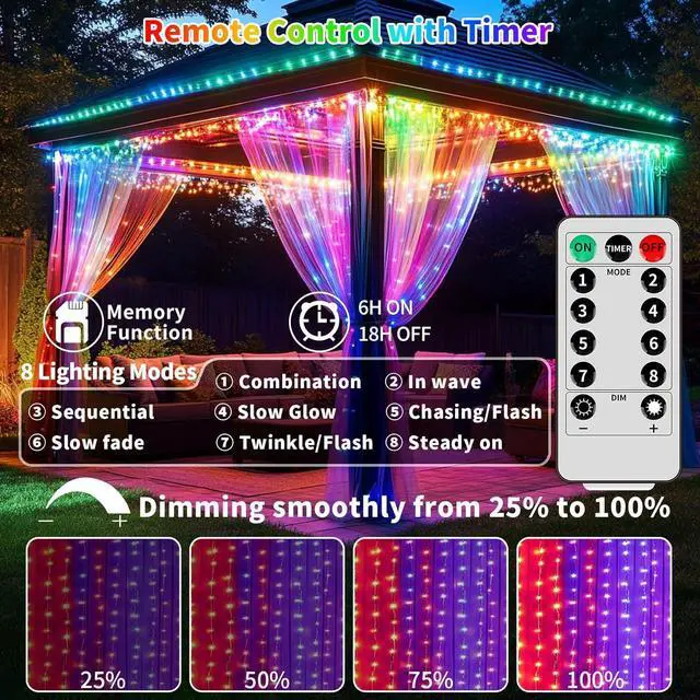 Alt view image 7 of 7 - Curtain Lights Battery Powered 10x10ft 300LED Twinkle Fairy String Lights Multicolor Cool White Dual Color Changing USB-C Power Port Dimmable Waterproof Remote Timer Memory for Weddings Party Window