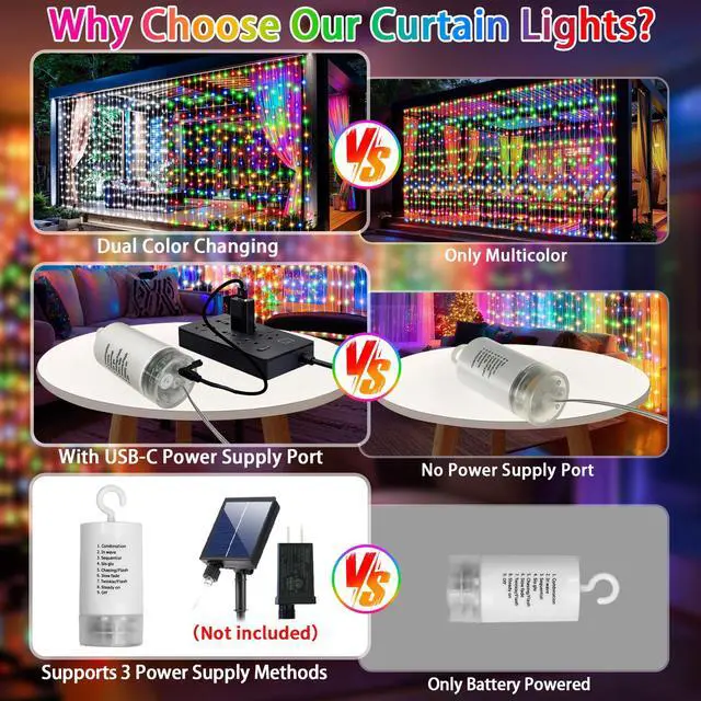 Alt view image 5 of 7 - Curtain Lights Battery Powered 10x10ft 300LED Twinkle Fairy String Lights Multicolor Cool White Dual Color Changing USB-C Power Port Dimmable Waterproof Remote Timer Memory for Weddings Party Window
