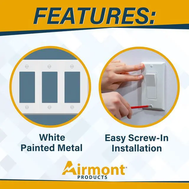Alt view image 7 of 7 - 3-Gang White Metal Rocker Switch Cover | Standard Size Wall Plate for GFCI, Dimmer, or Decorator Outlets | Painted Finish | Corrosion Resistant | Unbreakable Metal Construction