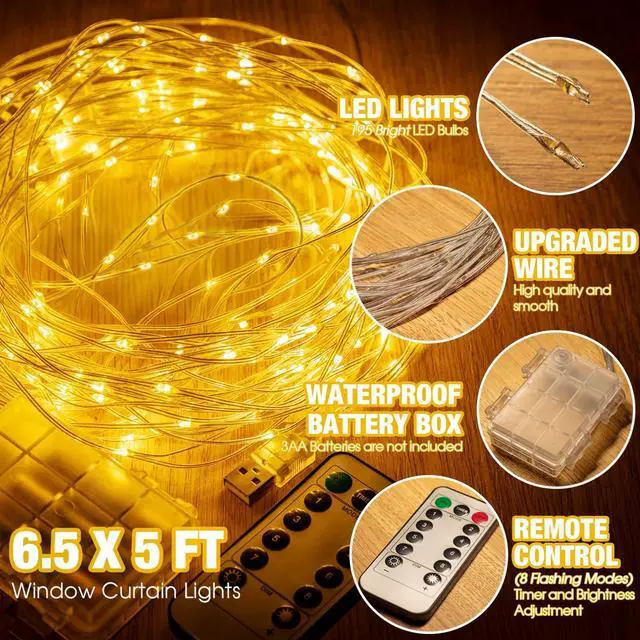 Alt view image 2 of 7 - 195 LED Curtain String Lights,6.5 x 5 ft Battery Operated USB Powered light with 8 Modes Dimmable Timer,Copper Tapestry Twinkle Fairy Lights for Christmas Bedroom Backdrop Wedding Indoor Outdoor Decor