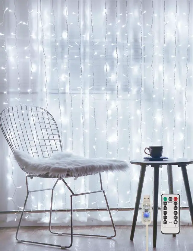 Main image of White Curtain Lights for Bedroom Wall, 200 Led Twinkle Lights with Remote 8 Modes Timer, USB Plug-in String Lights for Wedding, Party, Backdrop, Birthday, Window Decorations, (6.5ft*6.5ft)
