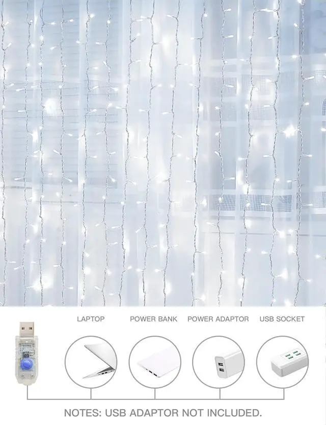 Alt view image 6 of 7 - White Curtain Lights for Bedroom Wall, 200 Led Twinkle Lights with Remote 8 Modes Timer, USB Plug-in String Lights for Wedding, Party, Backdrop, Birthday, Window Decorations, (6.5ft*6.5ft)