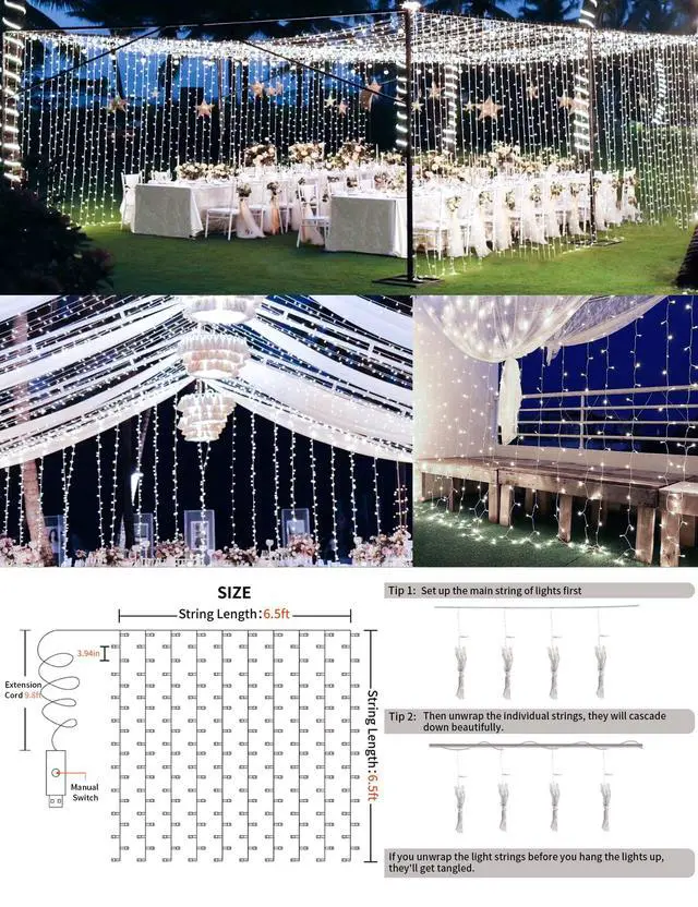 Alt view image 5 of 7 - White Curtain Lights for Bedroom Wall, 200 Led Twinkle Lights with Remote 8 Modes Timer, USB Plug-in String Lights for Wedding, Party, Backdrop, Birthday, Window Decorations, (6.5ft*6.5ft)