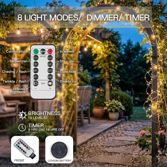 Alt view image 2 of 7 - Fairy Lights Battery Operated 33ft 100 LED String Lights Remote