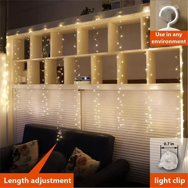 Alt view image 3 of 7 - 300 LED Curtain Fairy Lights with Remote, 8 Modes 9.8 × 9.8 Ft Curtain String Light USB Plug in, Twinkle Silver Wire Lights for Bedroom Window Chrismas Wedding Party, Warm White