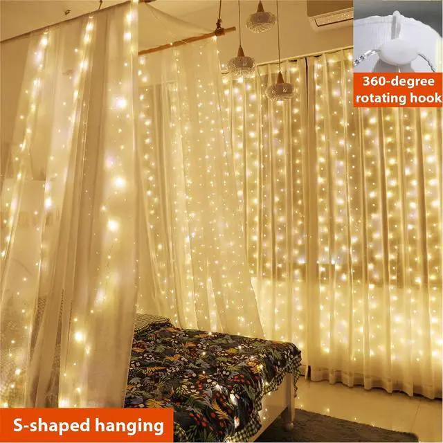 Alt view image 2 of 7 - 300 LED Curtain Fairy Lights with Remote, 8 Modes 9.8 × 9.8 Ft Curtain String Light USB Plug in, Twinkle Silver Wire Lights for Bedroom Window Chrismas Wedding Party, Warm White