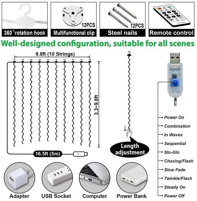 Alt view image 5 of 7 - 300 LED Curtain Fairy Lights with Remote, 8 Modes 9.8 × 9.8 Ft Curtain String Light USB Plug in, Twinkle Silver Wire Lights for Bedroom Window Chrismas Wedding Party, Warm White