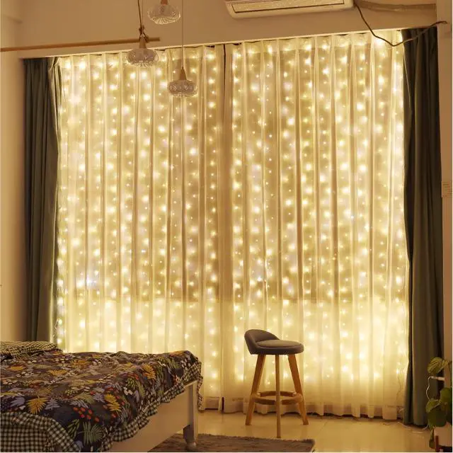 Main image of 300 LED Curtain Fairy Lights with Remote, 8 Modes 9.8 × 9.8 Ft Curtain String Light USB Plug in, Twinkle Silver Wire Lights for Bedroom Window Chrismas Wedding Party, Warm White
