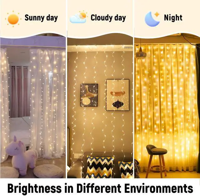 Alt view image 7 of 7 - 300 LED Curtain Fairy Lights with Remote, 8 Modes 9.8 × 9.8 Ft Curtain String Light USB Plug in, Twinkle Silver Wire Lights for Bedroom Window Chrismas Wedding Party, Warm White