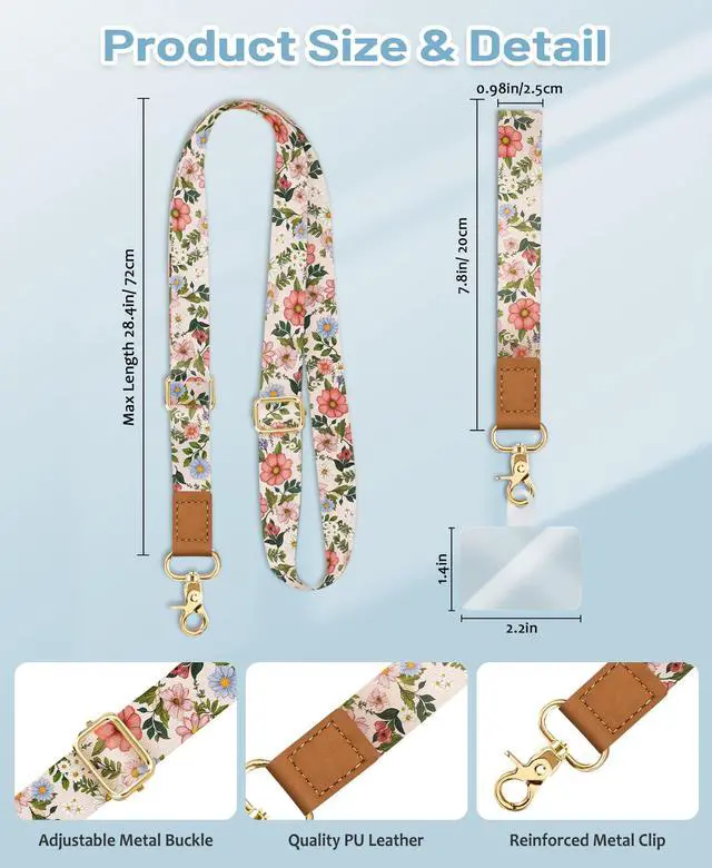 Alt view image 6 of 7 - Flower Phone Lanyard Crossbody Strap, Floral Cell Phone Lanyards for around the Neck Wristlet Wrist Strap Adjustable for Keys Case Accessories Travel Essentials