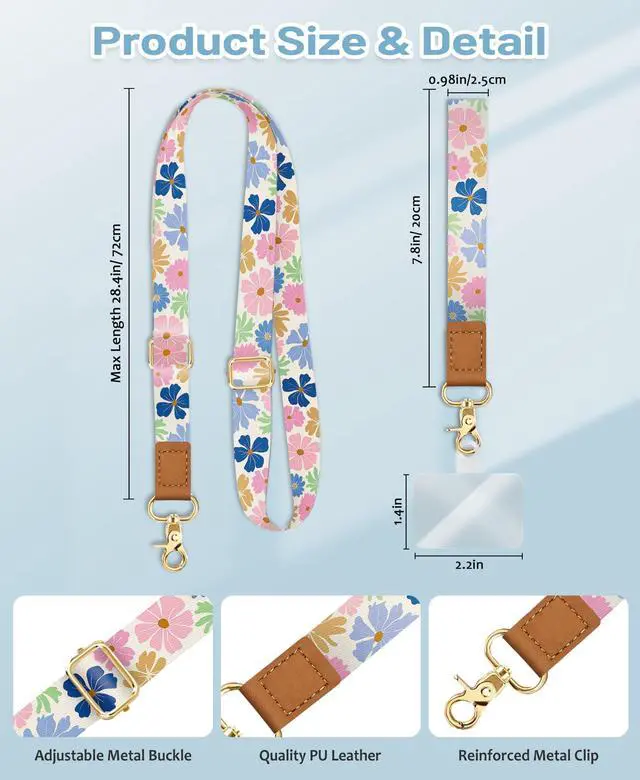 Alt view image 6 of 7 - Floral Phone Lanyard Crossbody Strap, Flower Cell Phone Lanyards for around the Neck Cross Body, Wristlet Wrist Strap Adjustable for Women Keys Case Accessories Beach Travel Essentials
