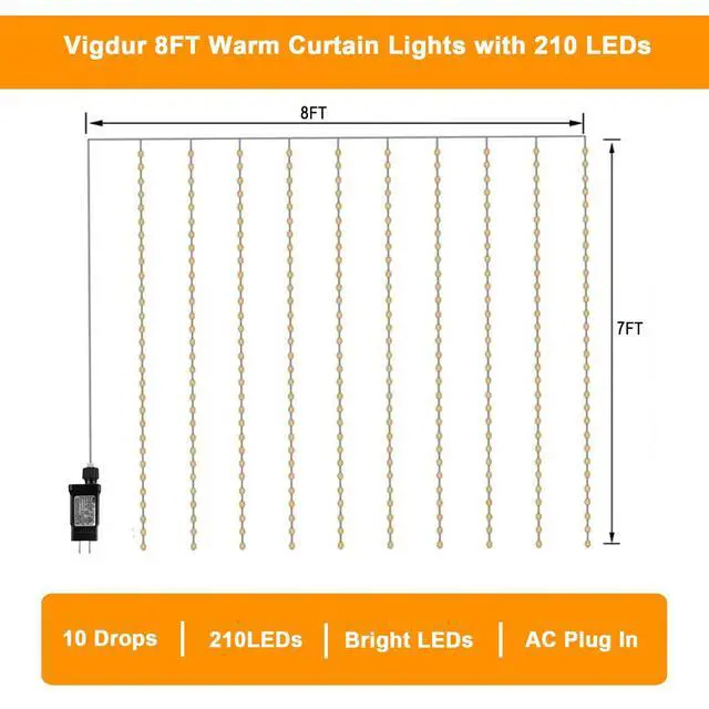 Alt view image 3 of 7 - Led Curtain String Lights, 8FT Window Fairy Lights for Bedroom with 210 Warm LEDs, Hanging Twinkle Indoor String Light for Party Wedding Garden Wall Decor(8 * 7ft)