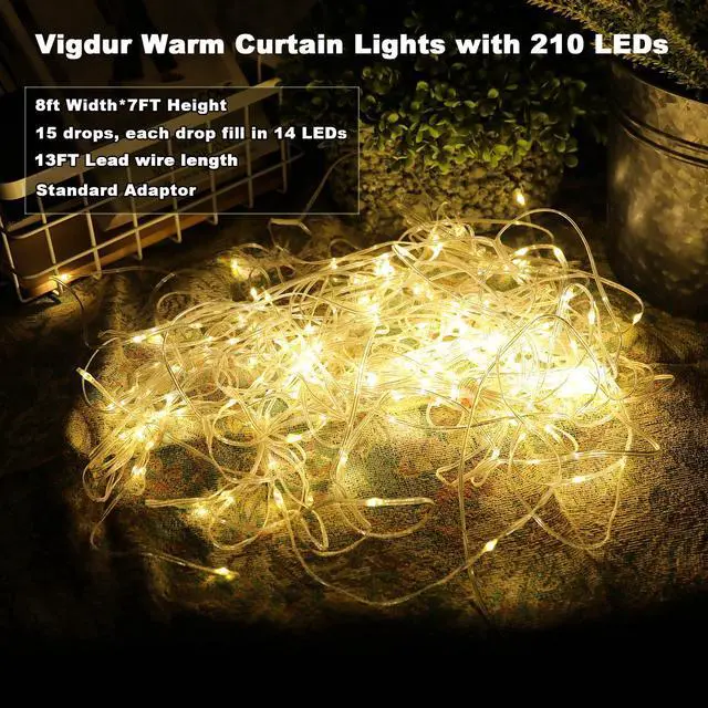Alt view image 2 of 7 - Led Curtain String Lights, 8FT Window Fairy Lights for Bedroom with 210 Warm LEDs, Hanging Twinkle Indoor String Light for Party Wedding Garden Wall Decor(8 * 7ft)