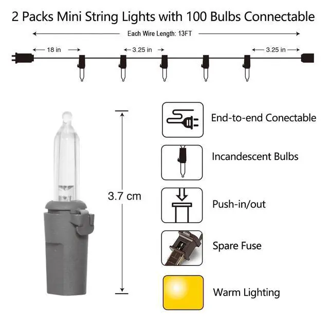 Alt view image 2 of 7 - 2 Packs 13ft 50 Clear Outdoor String Lights on Brown Wire Cord, UL Approved Connectable Outdoor Lights for Xmas Patio Home Party Garden Decor(Brown)