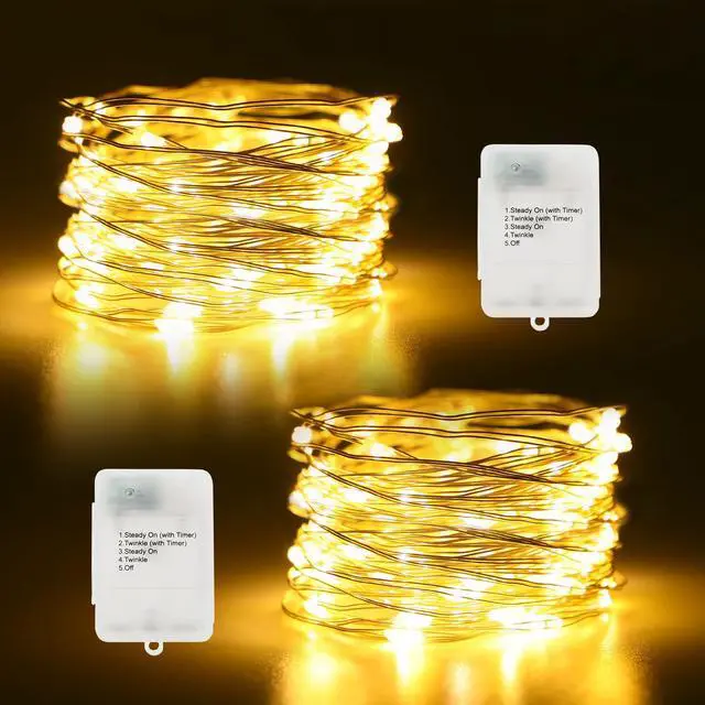 Main image of Timer Fairy Lights Battery Operated 2 Pack 16.4Ft 50 LEDs Silver Copper Wire Twinkle String Lights with Timer 5 Lighting Modes for Christmas Bedroom Wedding Parties Holiday Decorations (Warm White)