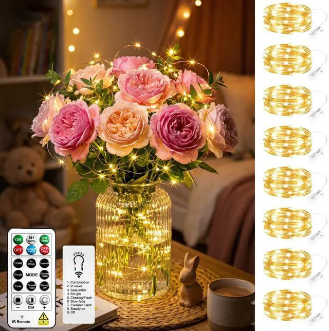 Main image of 8 Pack Rechargeable LED Fairy Lights 7Ft 20LED Battery Operated with Remote, DIY Timer & 8 Modes, Mini Twinkle String Lights for Indoor Christmas Wedding Mason Jar Bedroom Table (Warm White)
