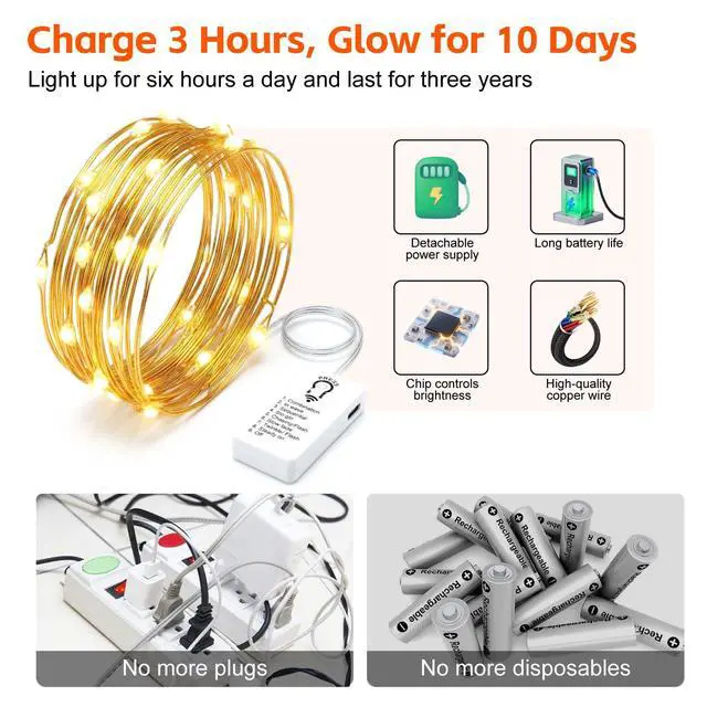 Alt view image 3 of 7 - 8 Pack Rechargeable LED Fairy Lights 7Ft 20LED Battery Operated with Remote, DIY Timer & 8 Modes, Mini Twinkle String Lights for Indoor Christmas Wedding Mason Jar Bedroom Table (Warm White)