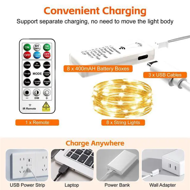 Alt view image 2 of 7 - 8 Pack Rechargeable LED Fairy Lights 7Ft 20LED Battery Operated with Remote, DIY Timer & 8 Modes, Mini Twinkle String Lights for Indoor Christmas Wedding Mason Jar Bedroom Table (Warm White)