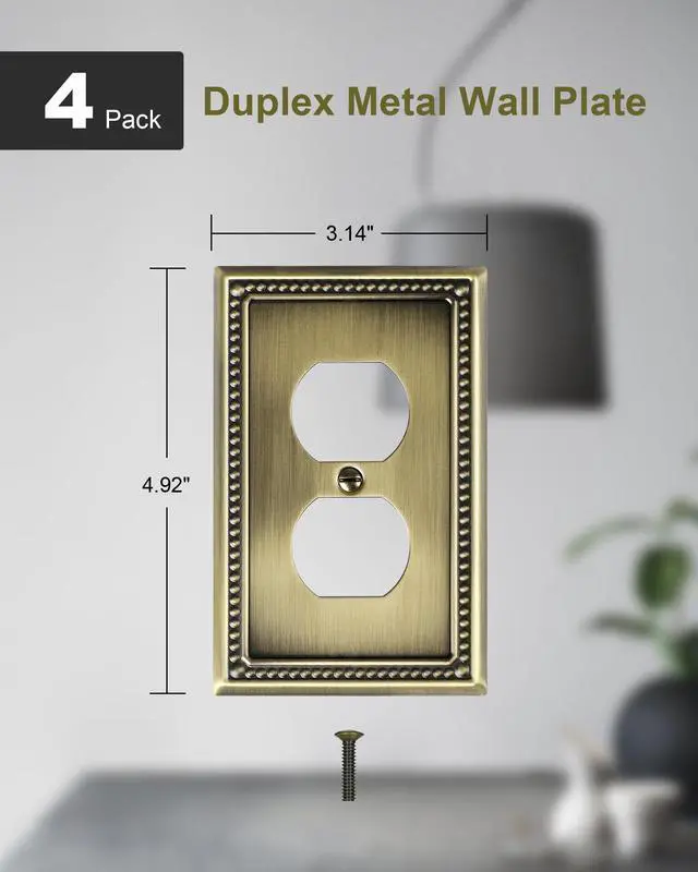 Alt view image 2 of 7 - 4-Pack Duplex Switch Plates and Outlet Covers, Antique Brass | Pearls Beaded Decorative Metal Wall Plates for Electrical Outlets, 1 Gang Receptacle Cover