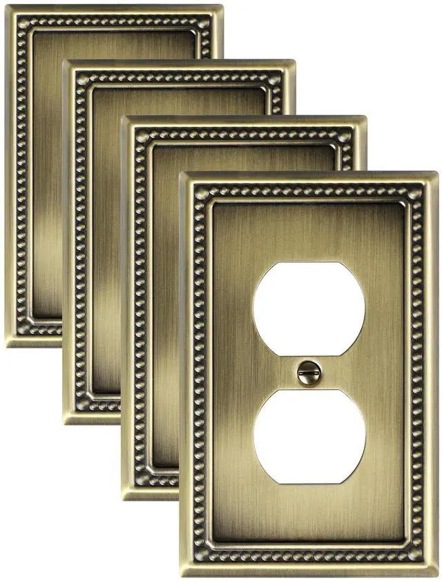 Main image of 4-Pack Duplex Switch Plates and Outlet Covers, Antique Brass | Pearls Beaded Decorative Metal Wall Plates for Electrical Outlets, 1 Gang Receptacle Cover