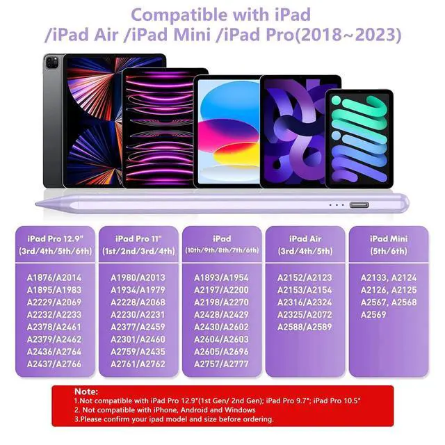 Alt view image 2 of 7 - Stylus Pen for iPad 11th/10th/9th, for Apple Pencil (2018-2025) with Palm Rejection, for iPad A16 10/9/8/7/6th Gen, Air 11/13, Air 3/4/5/M2, Pro 11"/12.9", Mini 5/6th, Purple