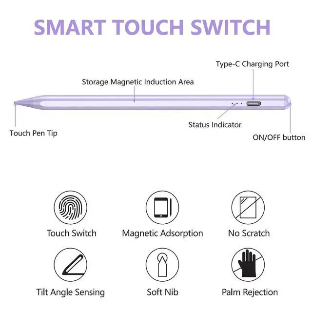 Alt view image 5 of 7 - Stylus Pen for iPad 11th/10th/9th, for Apple Pencil (2018-2025) with Palm Rejection, for iPad A16 10/9/8/7/6th Gen, Air 11/13, Air 3/4/5/M2, Pro 11"/12.9", Mini 5/6th, Purple