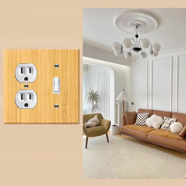 Alt view image 4 of 6 - Solid Wood Outlet Covers Light Switch Plate 4.5" X 4.5" Bamboo Duplex Double Outlet Cover Plate Light Switch Cover Quality Raw Wooden Decorative wall plates