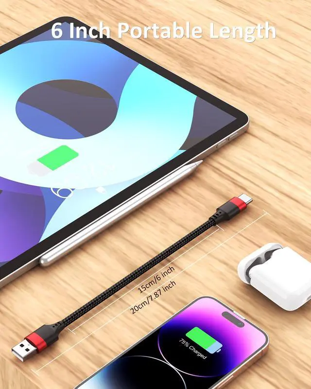 Alt view image 3 of 7 - USB to USB C Cable 2 Pack, 6 inch USB C Cable Braided, 0.5ft Type C Charger Cord Fast Charging for iPhone 17 16 15 Pro Max, Samsung Galaxy S25 S24 S23, Pxiel 10 9