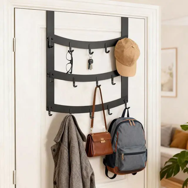 Alt view image 4 of 7 - 3-Tier Over The Door Hooks, 15 Hooks Over Door Hanger, Fits Doors Up to 1-3/4in Thick, for Hanging Clothes, Towels, Bags, Hats