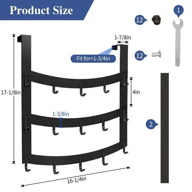 Alt view image 5 of 7 - 3-Tier Over The Door Hooks, 15 Hooks Over Door Hanger, Fits Doors Up to 1-3/4in Thick, for Hanging Clothes, Towels, Bags, Hats