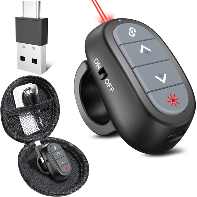 Main image of Finger Ring Presentation Clicker PowerPoint Wireless Presenter with Case | 2in1 USB/Type C Receiver Rechargeable & Red Laser Pointer, for Mac/Windows/Linux, Computer/Laptop, Google Slide/PPT/Keynote